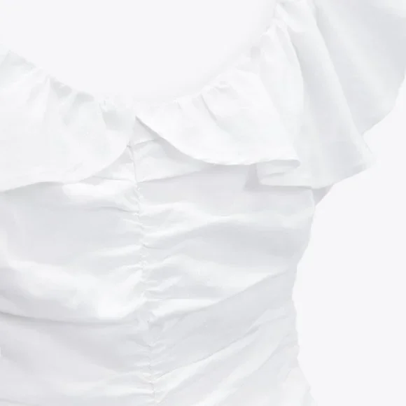 ZARA WHITE LINEN BLEND DRAPED DRESS WITH RUFFLES - Picture 4 of 10